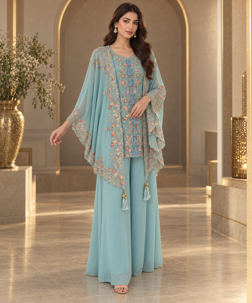 Noor Cape and Palazzo outfit - Sky Blue