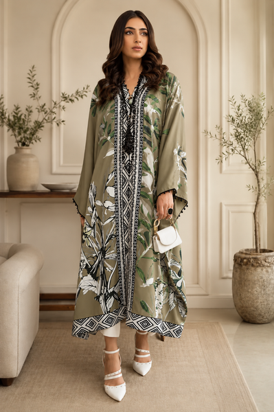 Olive Floral Kaftan | Premium Long Top