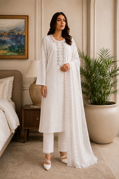 Noor Embroidered White 3 Piece Suit