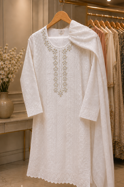 Noor Embroidered White 3 Piece Suit