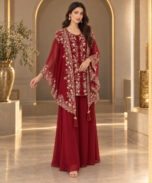 Noor Cape and Palazzo outfit - Wine