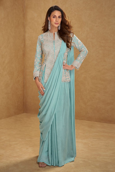 Embroidered Saree-Gown - Aqua