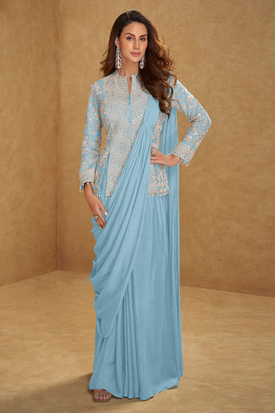 Embroidered Saree-Gown - Sky Blue