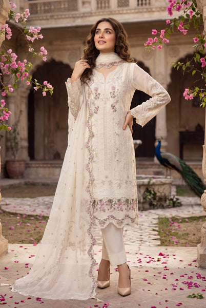 Cream Chiffon Embellished 3 Piece Suit