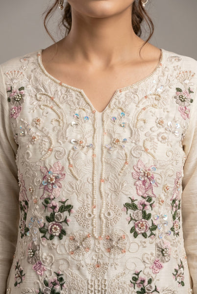 Cream Chiffon Embellished 3 Piece Suit