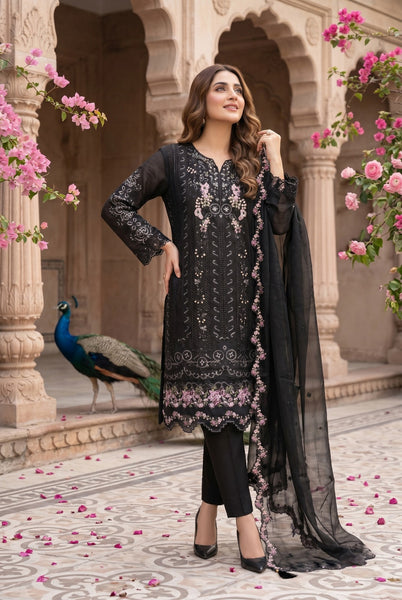 Black Chiffon Embellished 3 Piece Suit