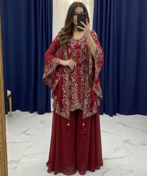 Noor Cape and Palazzo outfit - Maroon