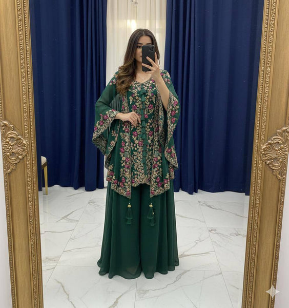 Noor Cape and Palazzo outfit - Bottle Green