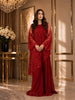 Front view of the red drop-corner net shirt with panelled chiffon sharara trousers